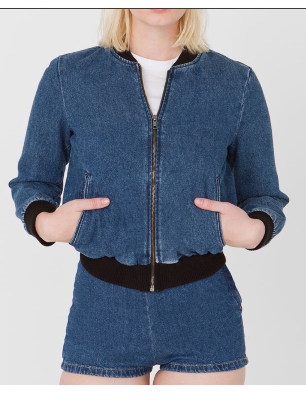 American Apparel Vintage Denim Bomber Jacket with Black Rib Trim
